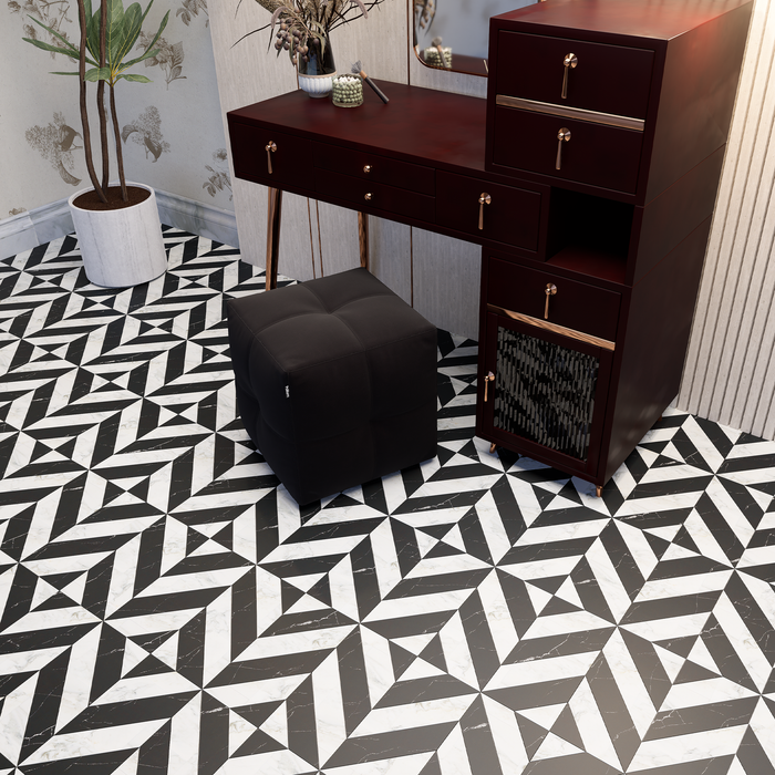 Calacatta Oliva, Black Honed Marine Chevron Marble Mosaic