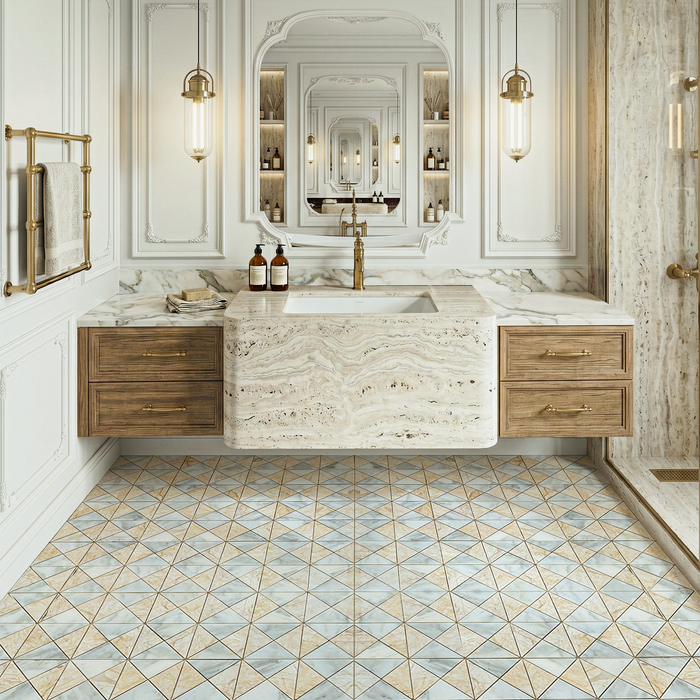 Calacatta Oliva, Calacatta Sunset Honed Triangle Windmill Marble Mosaic