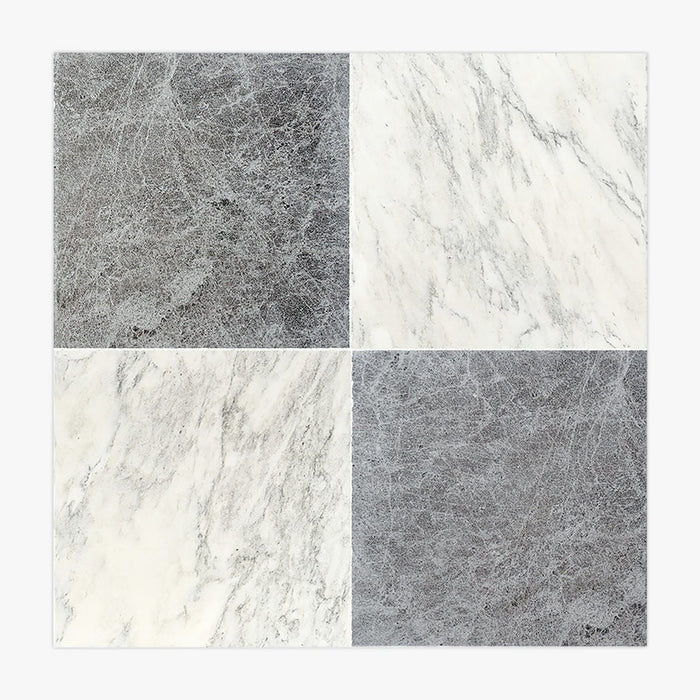 Arabescato, Tundra Grey Antiqued 12x12 Marble Checkerboard Tile