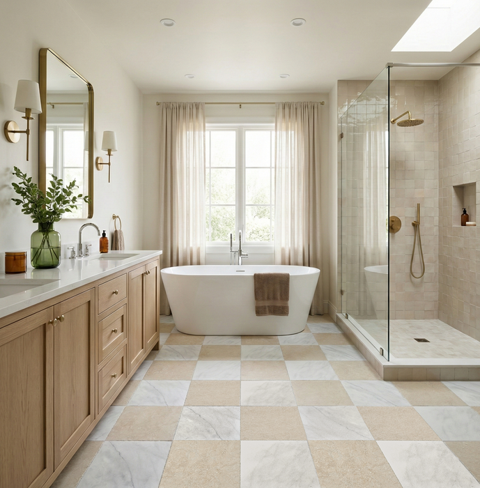 Crema Balkan, Bianco Ibiza Antiqued 12x12 Limestone & Marble Checkerboard Tile