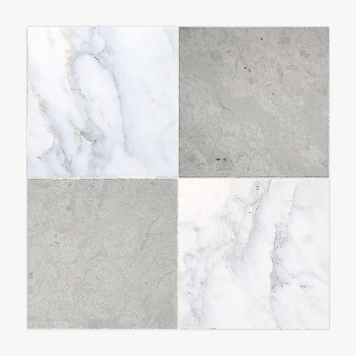 Calacatta Oliva, Thala Grey Antiqued 12x12 Marble & Limestone Checkerboard Tile