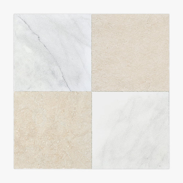 Crema Balkan, Bianco Ibiza Antiqued 12x12 Limestone & Marble Checkerboard Tile