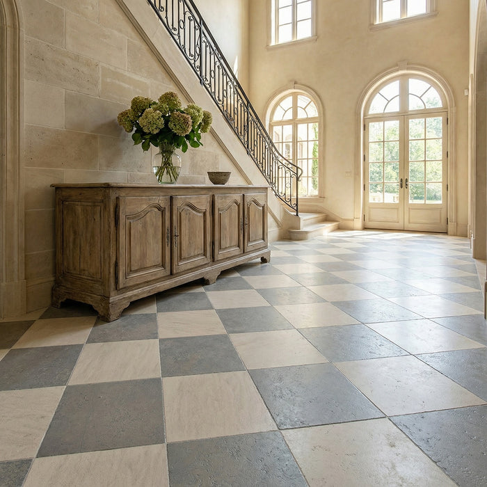 Golden Beach, Nova Grey Antiqued 12x12 Limestone Checkerboard Tile