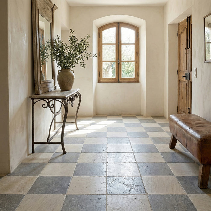 Golden Beach, Nova Grey Antiqued 12x12 Limestone Checkerboard Tile