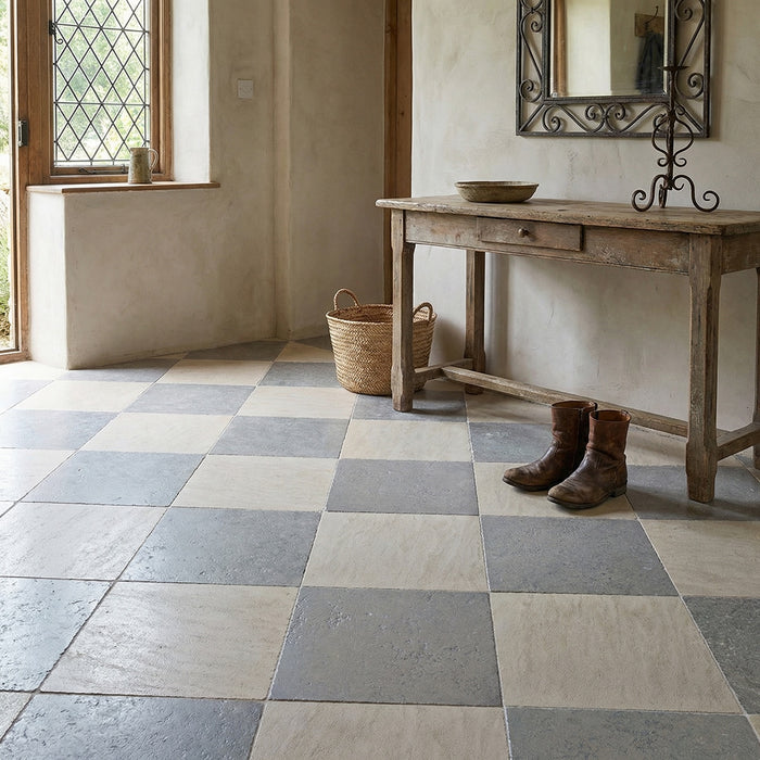 Golden Beach, Nova Grey Antiqued 12x12 Limestone Checkerboard Tile