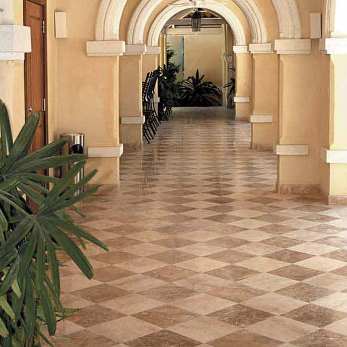 Ivory Light, Walnut Light Antiqued 12x12 Travertine Checkerboard Tile