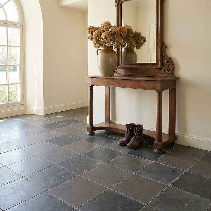 Nova Blue, Pierre Noire Antiqued 12x12 Limestone Checkerboard Tile