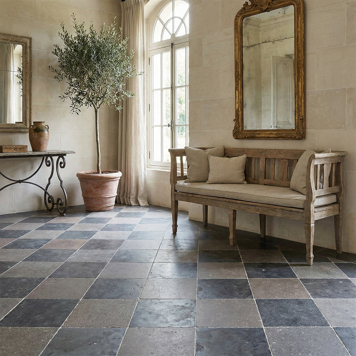 Nova Blue, Pierre Noire Antiqued 12x12 Limestone Checkerboard Tile