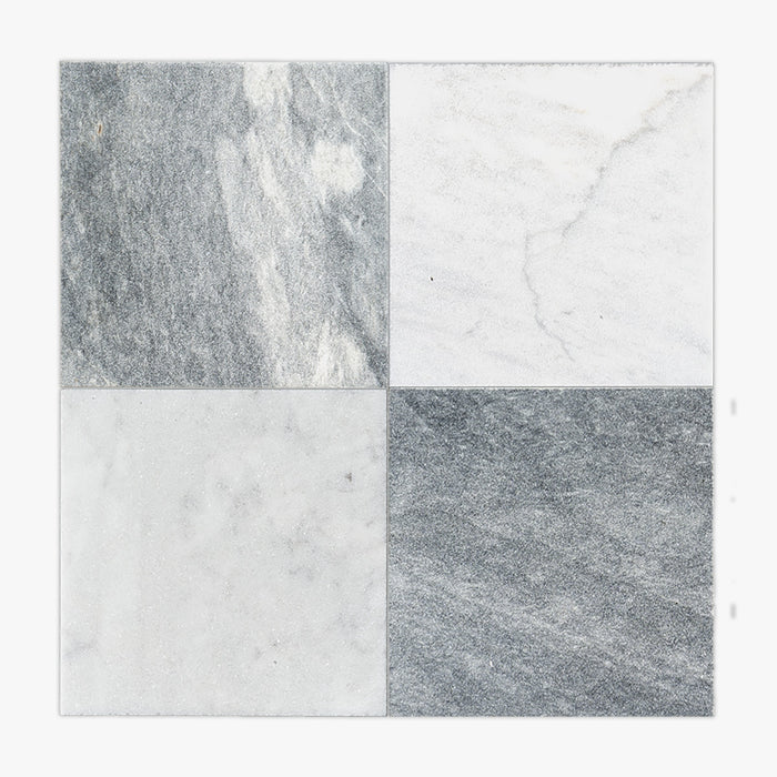 Antique White, Antique Black Antiqued 16x16 Marble Checkerboard Tile