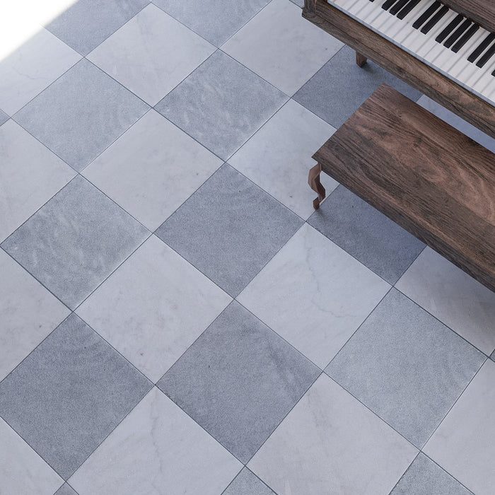 Antique White, Blue Lagoon Antiqued 16x16 Marble Checkerboard Tile