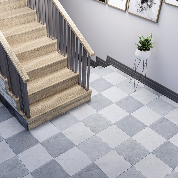 Antique White, Blue Lagoon Antiqued 16x16 Marble Checkerboard Tile