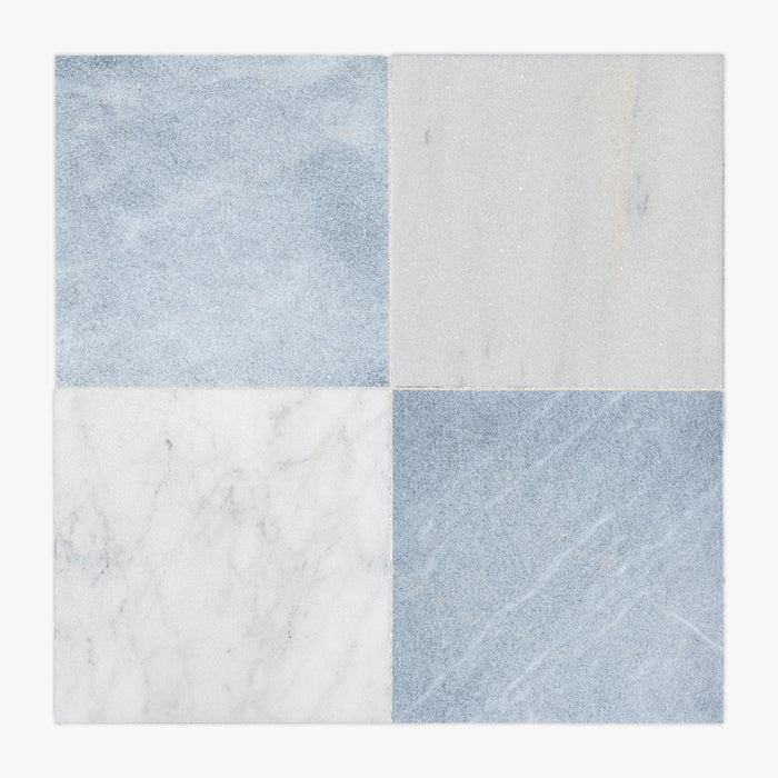 Antique White, Blue Lagoon Antiqued 16x16 Marble Checkerboard Tile