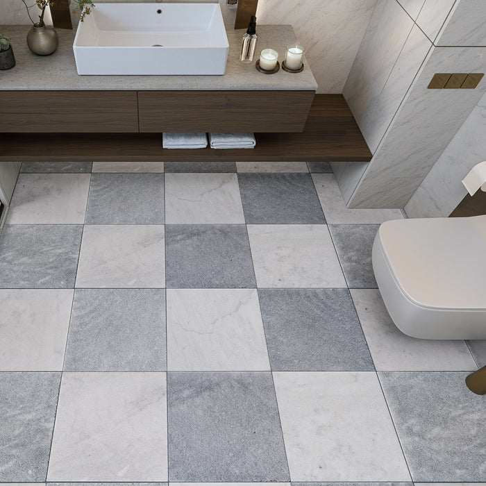 Antique White, Blue Lagoon Antiqued 16x16 Marble Checkerboard Tile