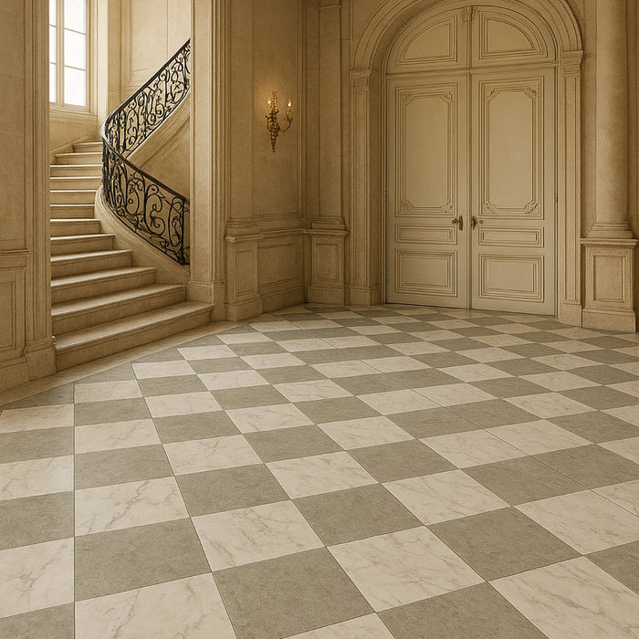 Calacatta Oliva, Thala Grey Antiqued 16x16 Marble & Limestone Checkerboard Tile
