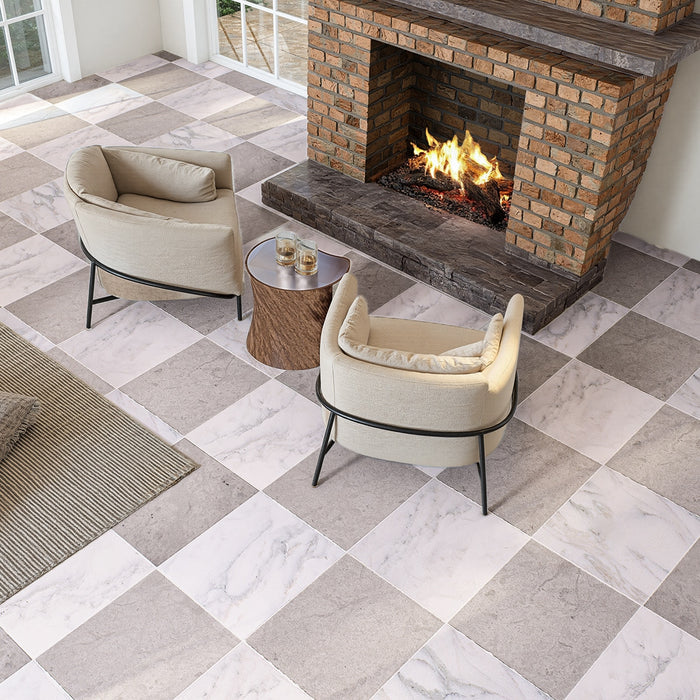 Calacatta Oliva, Thala Grey Antiqued 16x16 Marble & Limestone Checkerboard Tile