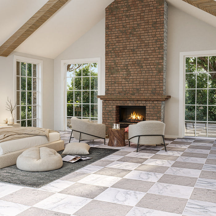 Calacatta Oliva, Thala Grey Antiqued 16x16 Marble & Limestone Checkerboard Tile