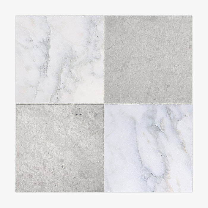 Calacatta Oliva, Thala Grey Antiqued 16x16 Marble & Limestone Checkerboard Tile