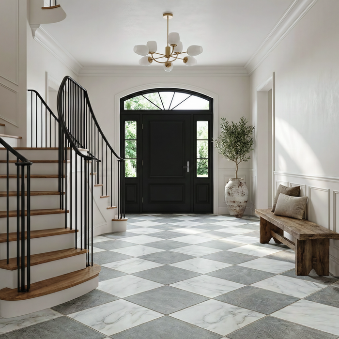 Calacatta Oliva, Tundra Grey Antiqued 16x16 Marble Checkerboard Tile