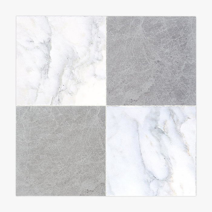 Calacatta Oliva, Tundra Grey Antiqued 16x16 Marble Checkerboard Tile