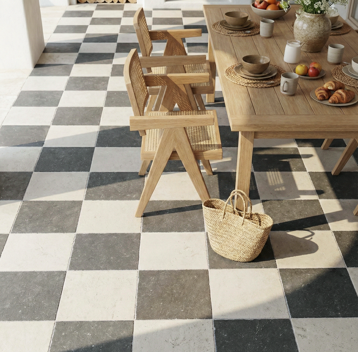 Porto Beige, Nova Blue Antiqued 16x16 Limestone Checkerboard Tile