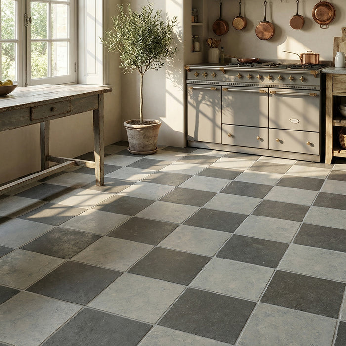 Nova Grey, Nova Blue Antiqued 16x16 Limestone Checkerboard Tile