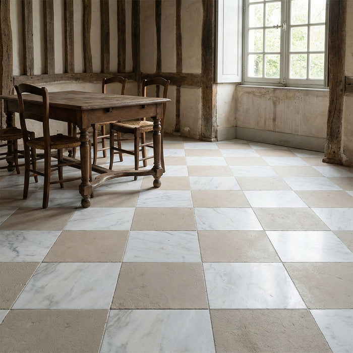 Porto Beige, Calacatta PT Antiqued 16x16 Limestone Checkerboard Tile
