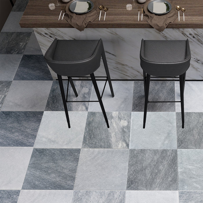 Antique Black, Blue Lagoon Antiqued 16x16 Marble Checkerboard Tile