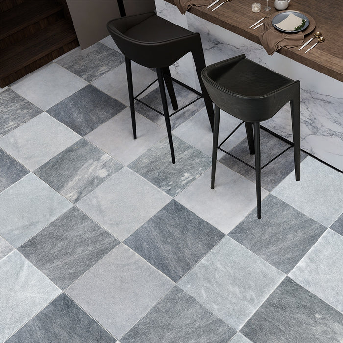 Antique Black, Blue Lagoon Antiqued 16x16 Marble Checkerboard Tile