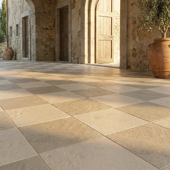 Porto Beige, Golden Beach Antiqued 16x16 Limestone Checkerboard Tile