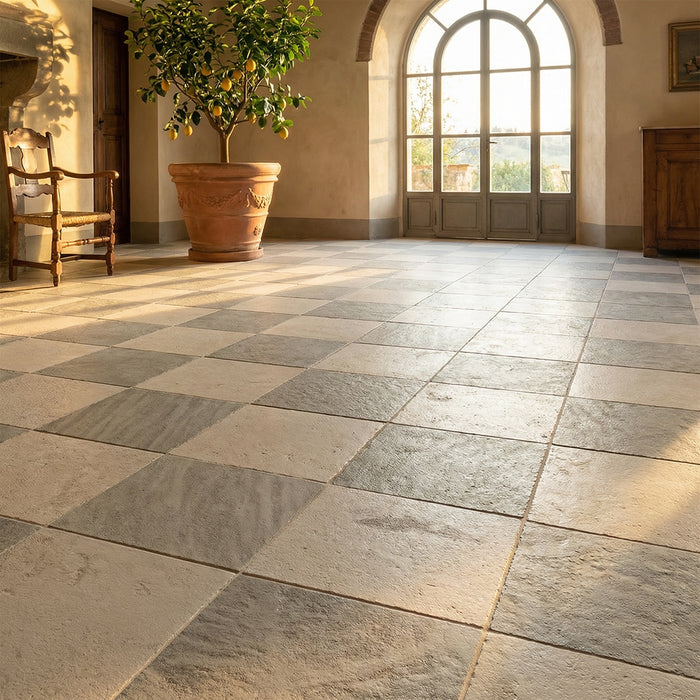 Porto Beige, Golden Beach Antiqued 16x16 Limestone Checkerboard Tile