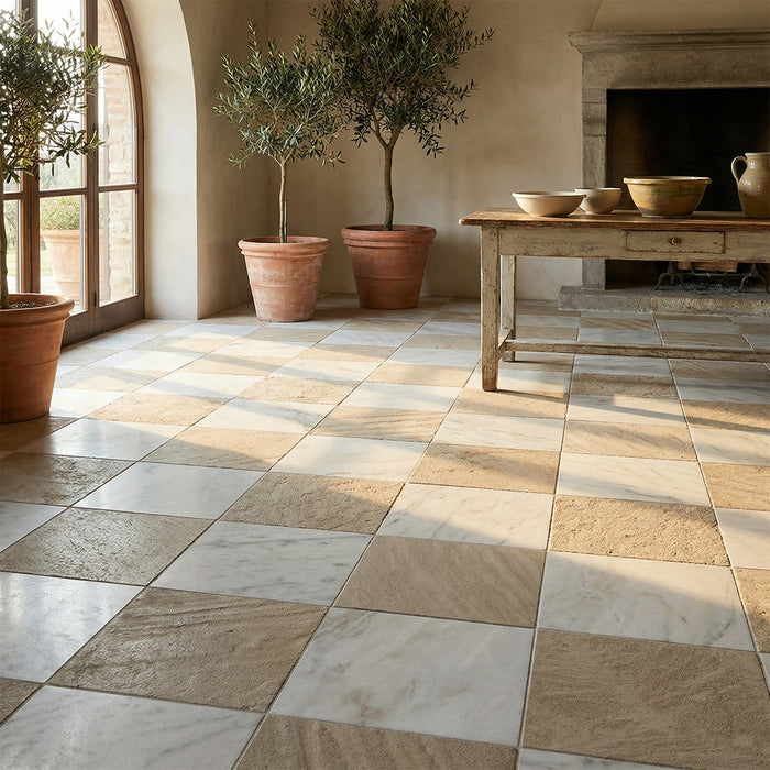Golden Beach, Calacatta PT Antiqued 16x16 Limestone Checkerboard Tile