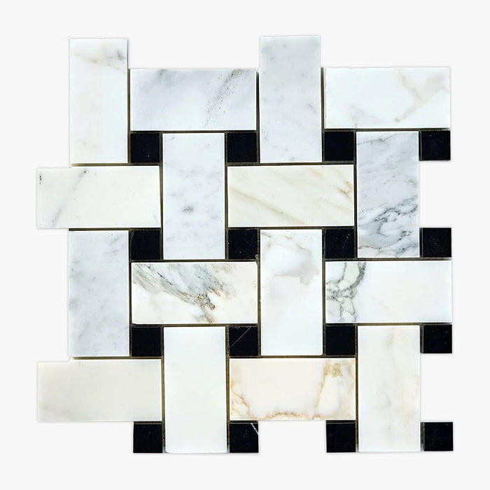Calacatta Gold, Black Honed 2x4 Basketweave Marble Mosaic