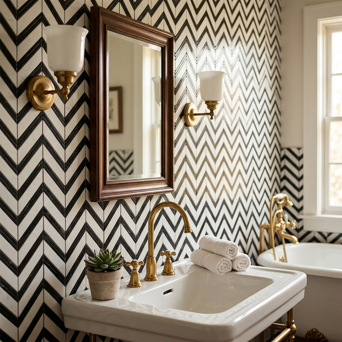 Calacatta Gold, Black Honed Chevron Marble Mosaic