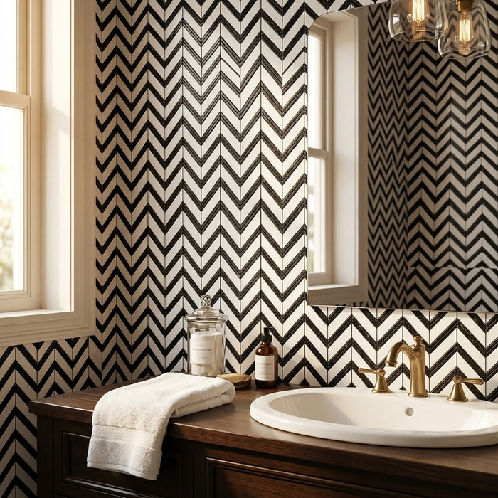 Calacatta Gold, Black Honed Chevron Marble Mosaic