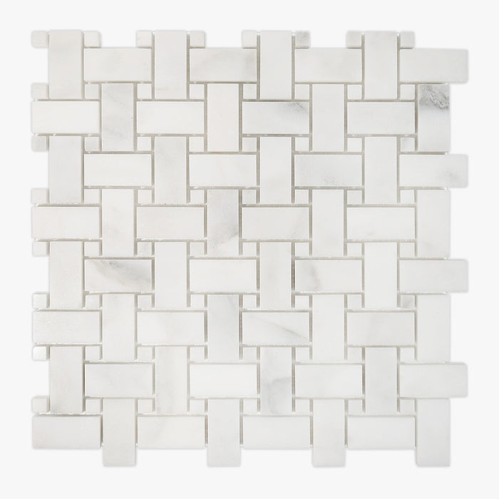 Calacatta Oliva, White Honed 1x2 Basketweave Marble Mosaic