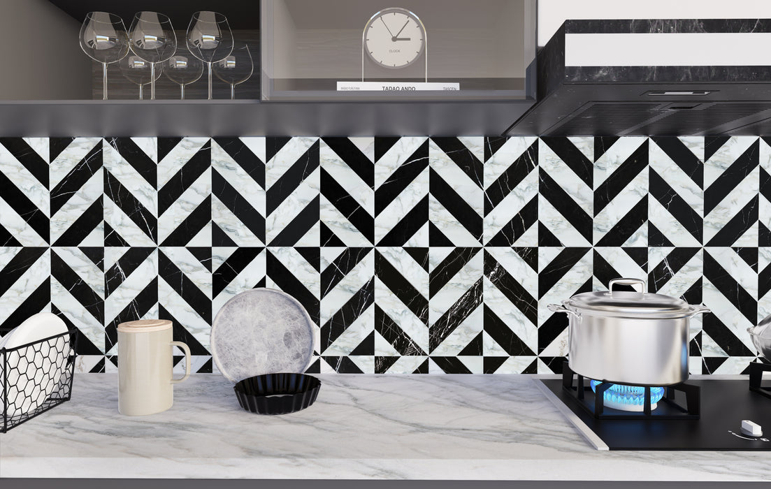 Calacatta Oliva, Black Honed Marine Chevron Marble Mosaic