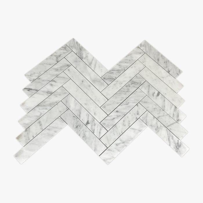 White Carrara Polished 1x6 Herringbone Marble Mosaic