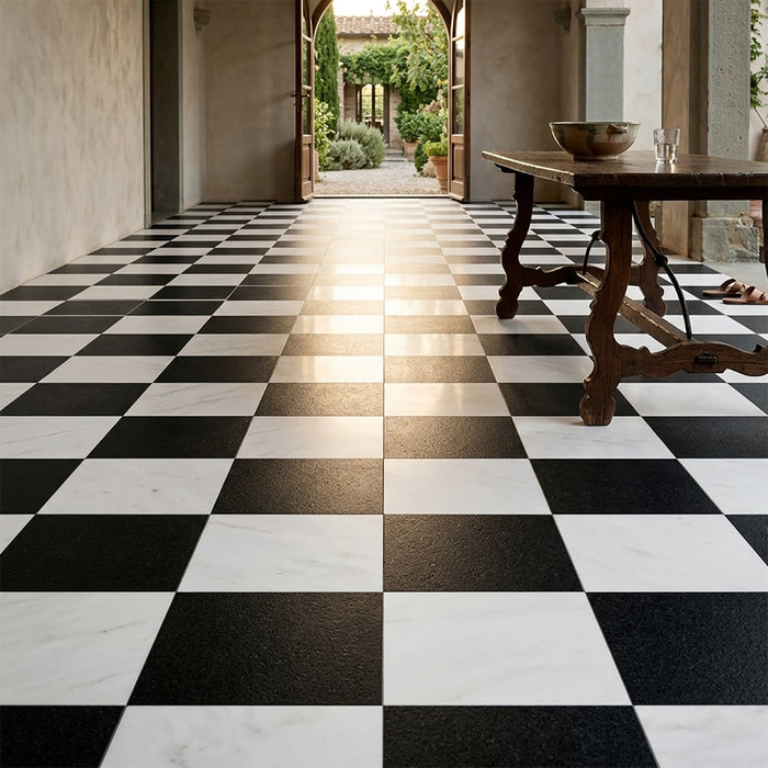 Bianco Dolomite, Absolute Black Honed 12x12 Marble Checkerboard Tile