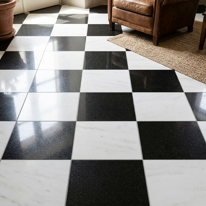 Bianco Dolomite, Absolute Black Honed 12x12 Marble Checkerboard Tile