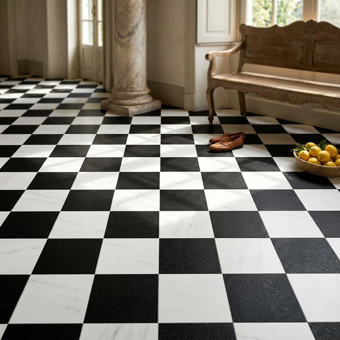 Bianco Dolomite, Absolute Black Honed 12x12 Marble Checkerboard Tile