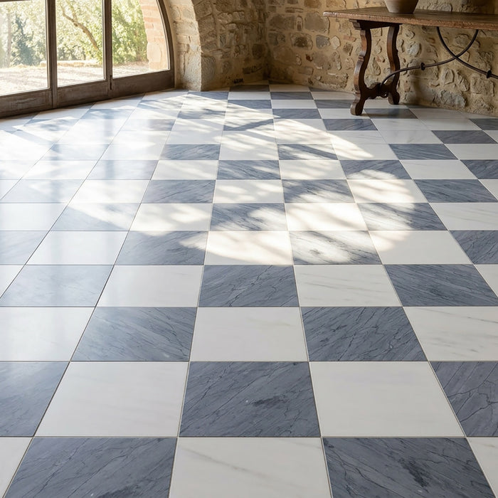 Bianco Dolomite, Bardiglio Imp Polished 12x12 Marble Checkerboard Tile