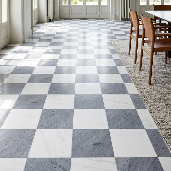 Bianco Dolomite, Bardiglio Imp Polished 12x12 Marble Checkerboard Tile