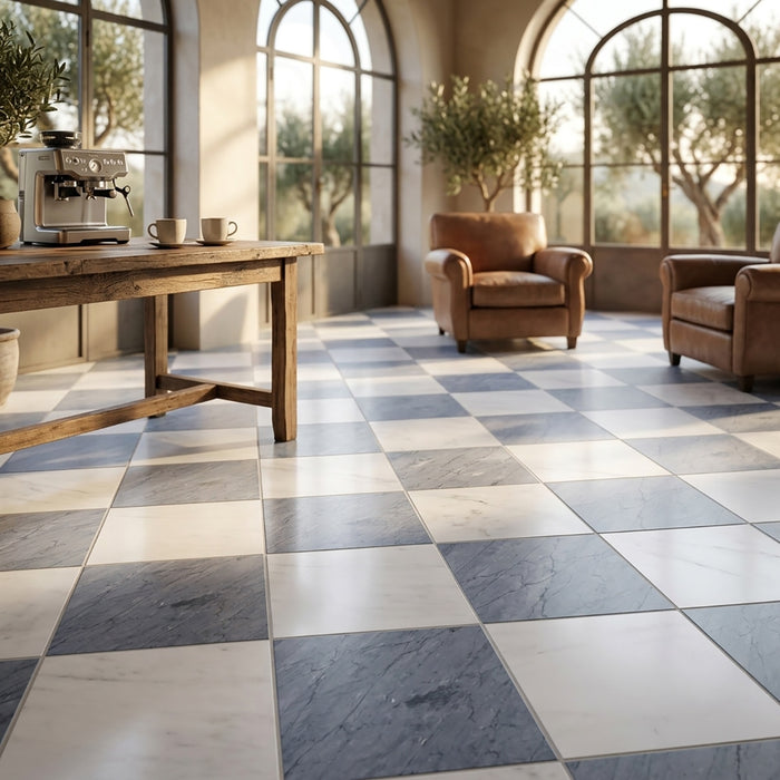 Bianco Dolomite, Bardiglio Imp Polished 12x12 Marble Checkerboard Tile