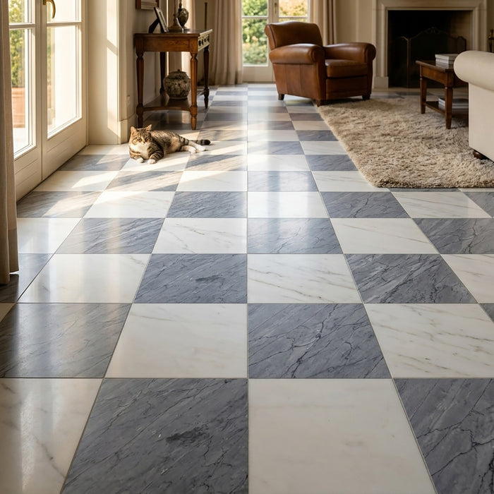 Bianco Dolomite, Bardiglio Imp Polished 12x12 Marble Checkerboard Tile