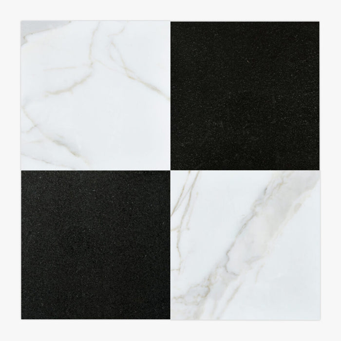 Calacatta Gold, Absolute Blk Polished 12x12 Marble Checkerboard Tile