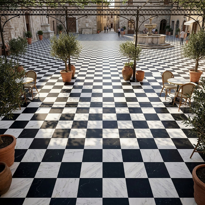 Asian Statuary, Nero Marquina Polished 12X12 Marble Checkerboard Tile
