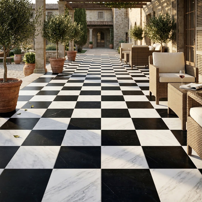 Asian Statuary, Nero Marquina Polished 12X12 Marble Checkerboard Tile