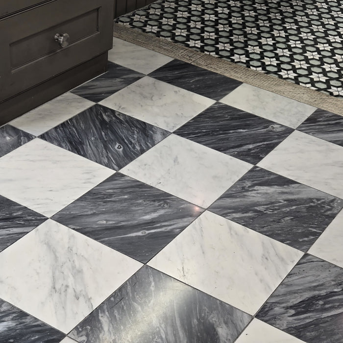 Asian Statuary, Bardiglio Nuv Polished 12x12 Marble Checkerboard Tile
