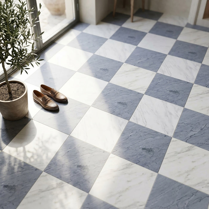 Asian Statuary, Bardiglio Nuv Polished 12x12 Marble Checkerboard Tile