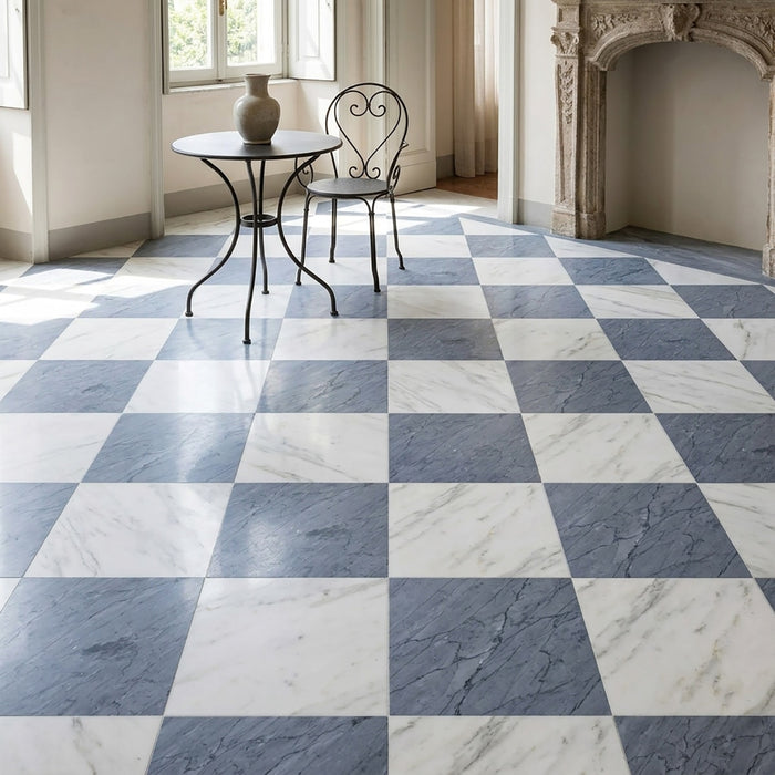 Asian Statuary, Bardiglio Nuv Polished 12x12 Marble Checkerboard Tile